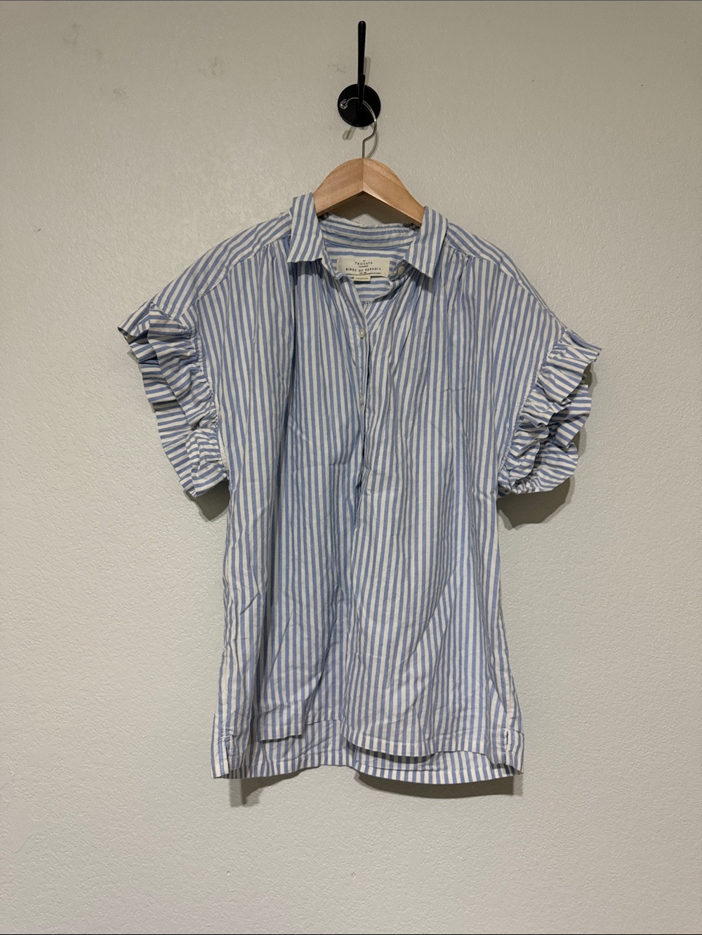 Trovata Bird of Paradis Blue & White Pinstripe Marianne B Ruffle-Sleeve Shirt - Picture 3 of 6